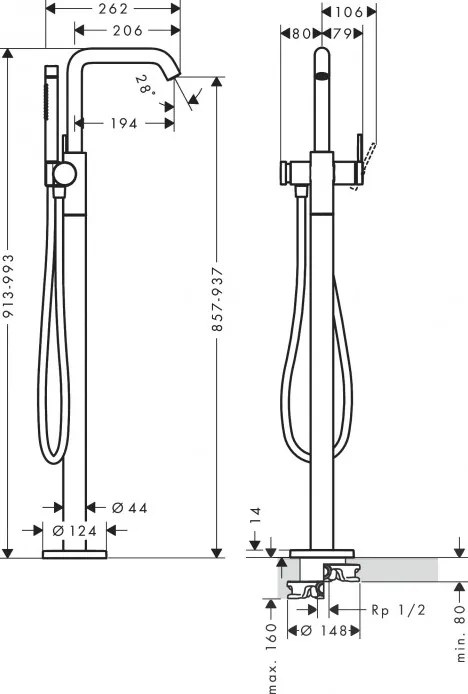 Baterie cada, Hansgrohe Tecturis S, montaj pe pardoseala, crom, 73440000