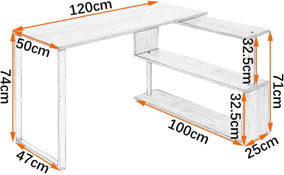 BII206 - Masa de Birou pe colt 120 cm, cu blat rotativ 360 grade, office industrial - Negru-Ruginiu sau Alb