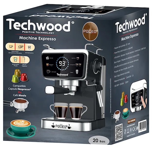 Espressor manual Techwood TCA-1386EXN, 1350W, 20 bar, 1.5 l, Cafea macinata si capsule Nesspresso5 functii, Ecran tactil, Duză de abur, Negru/Inox