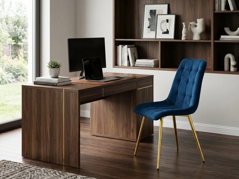 Scaun de masa SPLIT VELVET cu picioare aurii, albastra