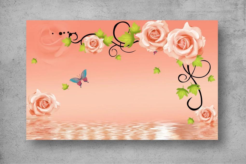 Tapet Premium Canvas - Trandafirii roz si fluturi 3d abstract