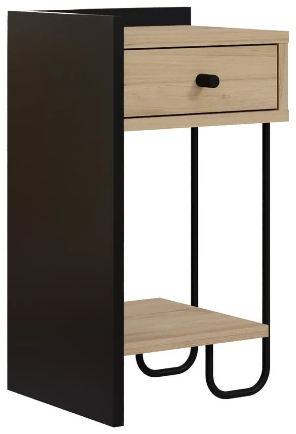 Noptieră neagră/în culoare naturală cu rafturi cu aspect de lemn de stejar Mercure – Marckeric