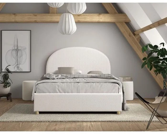 Set MOON: pat tapițat pentru copii 90 x 200 cm, alb, cu țesătură bouclé și spațiu de depozitare + taburet alb multifuncțional – Vipack