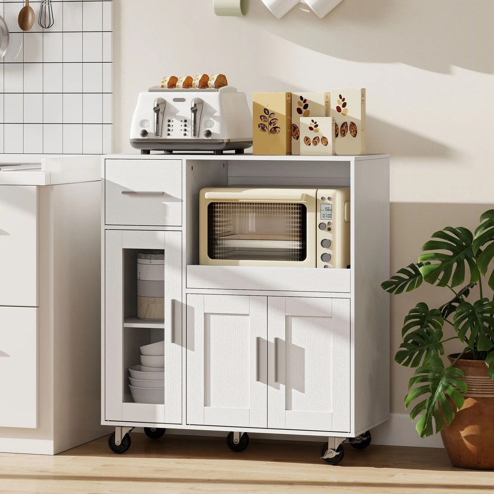 HOMCOM Dulap de bucătărie pe roți, comodă mobilă de bucătărie cu rafturi, sertare, raft reglabil, orificiu pentru cablu, Alb | Aosom Romania