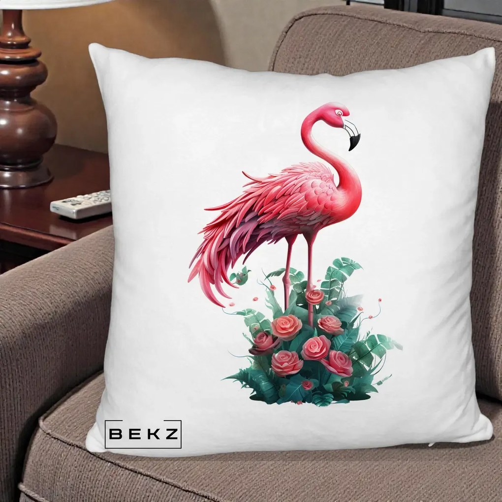 Perna Decorativa Flamingo cu Trandafiri Tropicali, 40x40 cm, Alb Pufos, Husa Detasabila, Perna Inclusa, BEKZ®