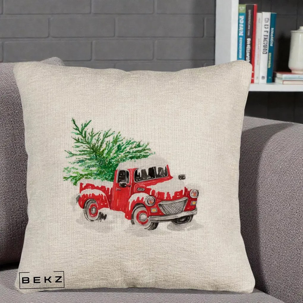 Perna Decorativa Camioneta Rosie Brad de Craciun, 40x40 cm, Bej Canapea, Husa Detasabila, Perna Inclusa, BEKZ®