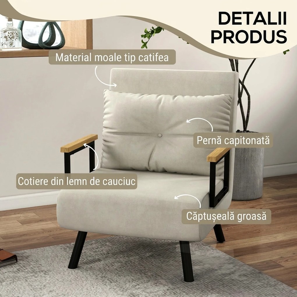 HOMCOM Canapele Extensibile Individuală Alb Crem 63x73x81 cm cu Pernă Extensibilă pe 5 Nivele | Aosom Romania