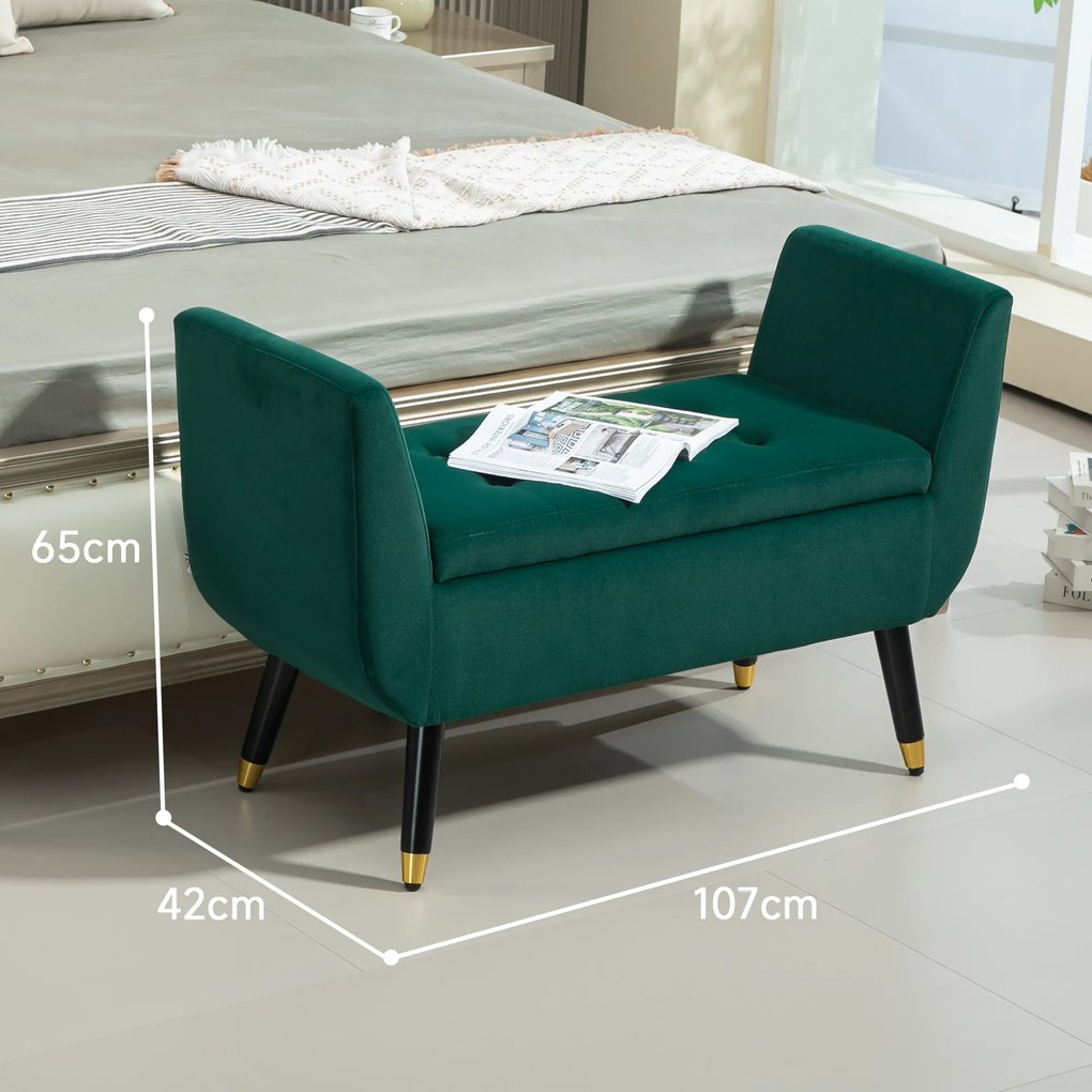 HOMCOM Polsterbank mit Stauraum, Armlehnen, Material textil din poliester de tip catifelat, Lemn de cauciuc, 107 x 42 x 65 cm, Verde | Aosom Romania