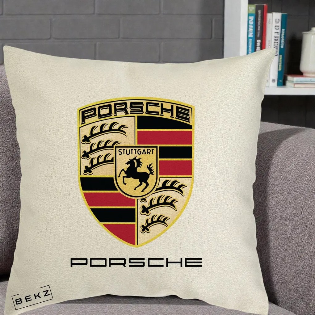 Perna Personalizata Porsche Stuttgart, 40x40 cm, Ecru, Husa Detasabila, Perna Inclusa, BEKZ®