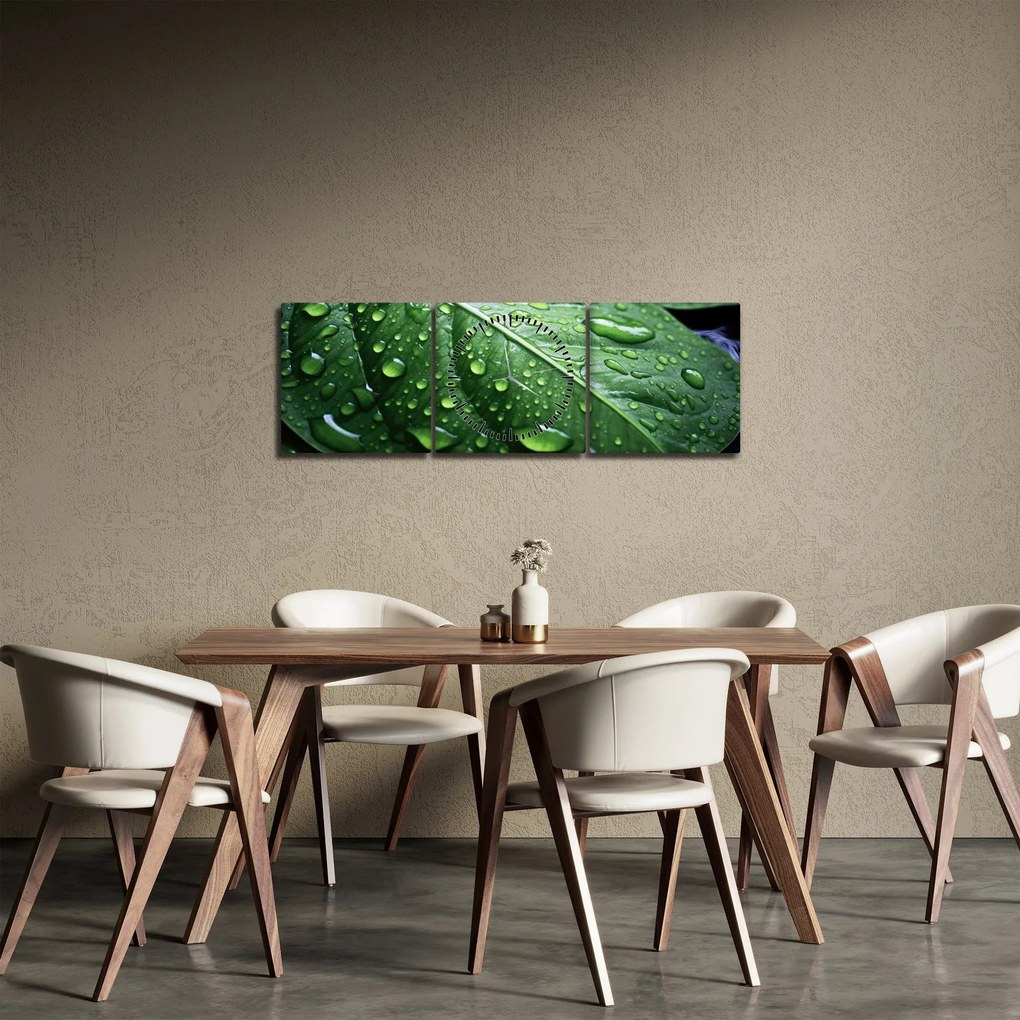 Tablou - Detaliu de frunze după ploaie (cu ceas) (90x30 cm)