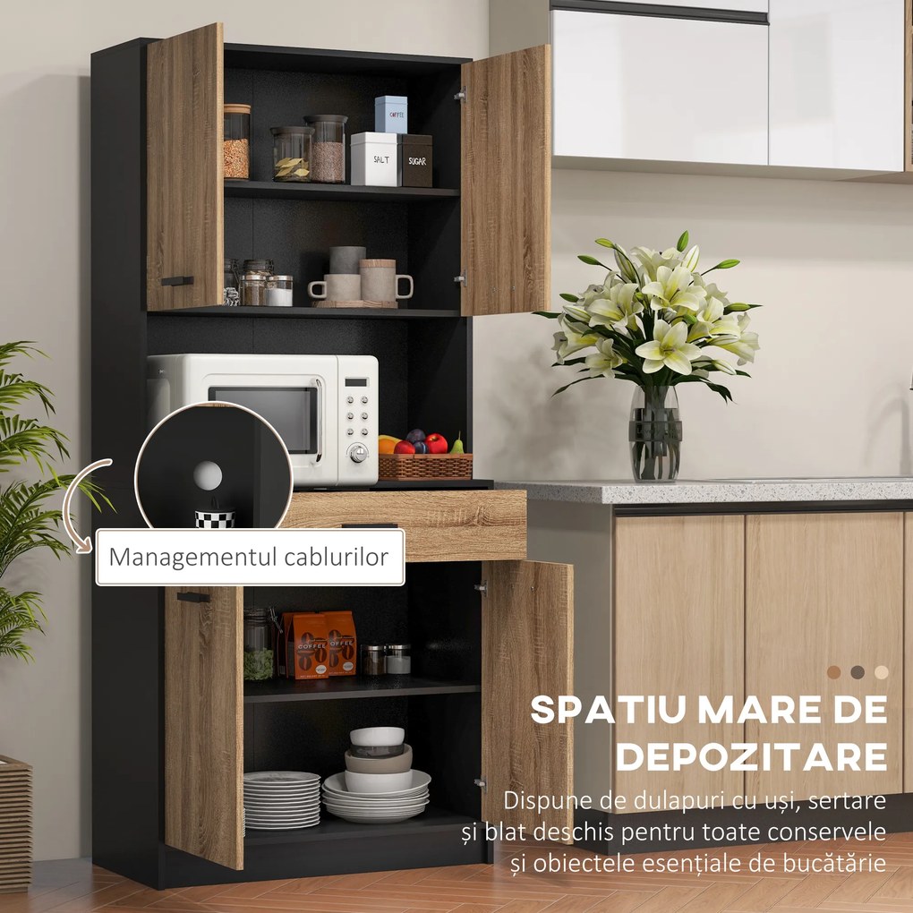 HOMCOM Dulap de bucătărie din lemn cu 2 dulapuri cu 2 uși și sertar, 80x40x180 cm, negru și culoare lemn | Aosom Romania