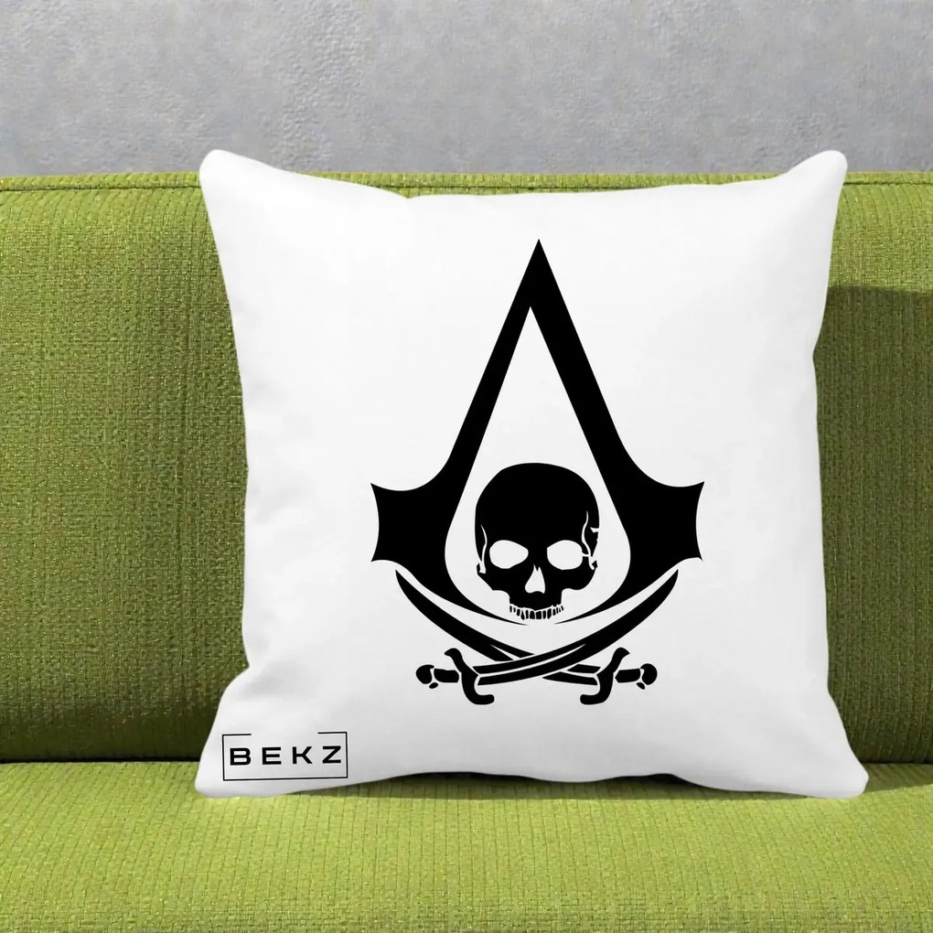 Perna Personalizata Assassin's Creed Black Flag Skull, 40x40 cm, Alba Mata, Husa Detasabila, Perna Inclusa, BEKZ®