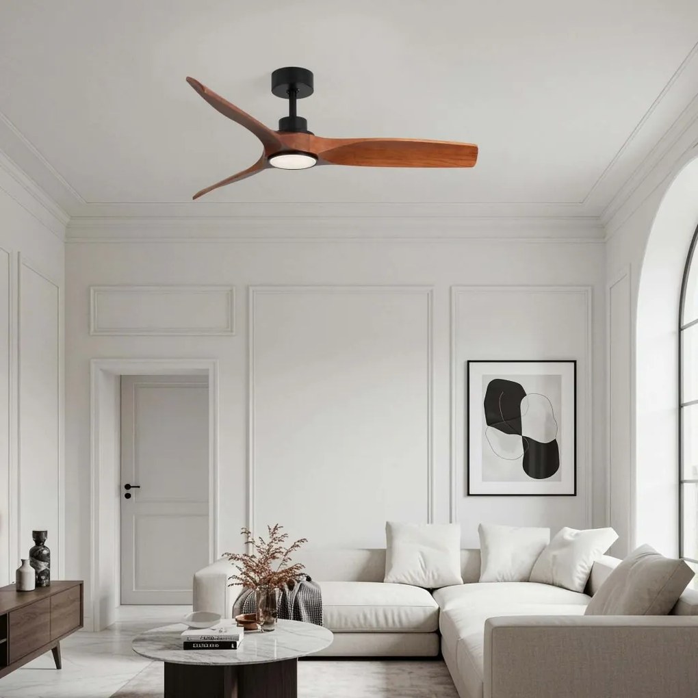 Lustra LED cu Ventilator si telecomanda HOVER D-132cm negru/ lemn inchis