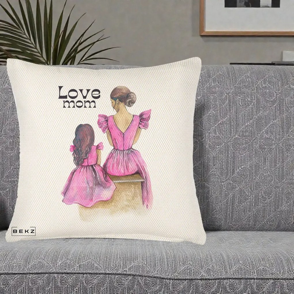 Cadou pentru Mama - Perna Personalizata Love Mom Rochii Roz, 40x40 cm, Crem Reliefat, Husa Detasabila, Perna Inclusa, BEKZ®