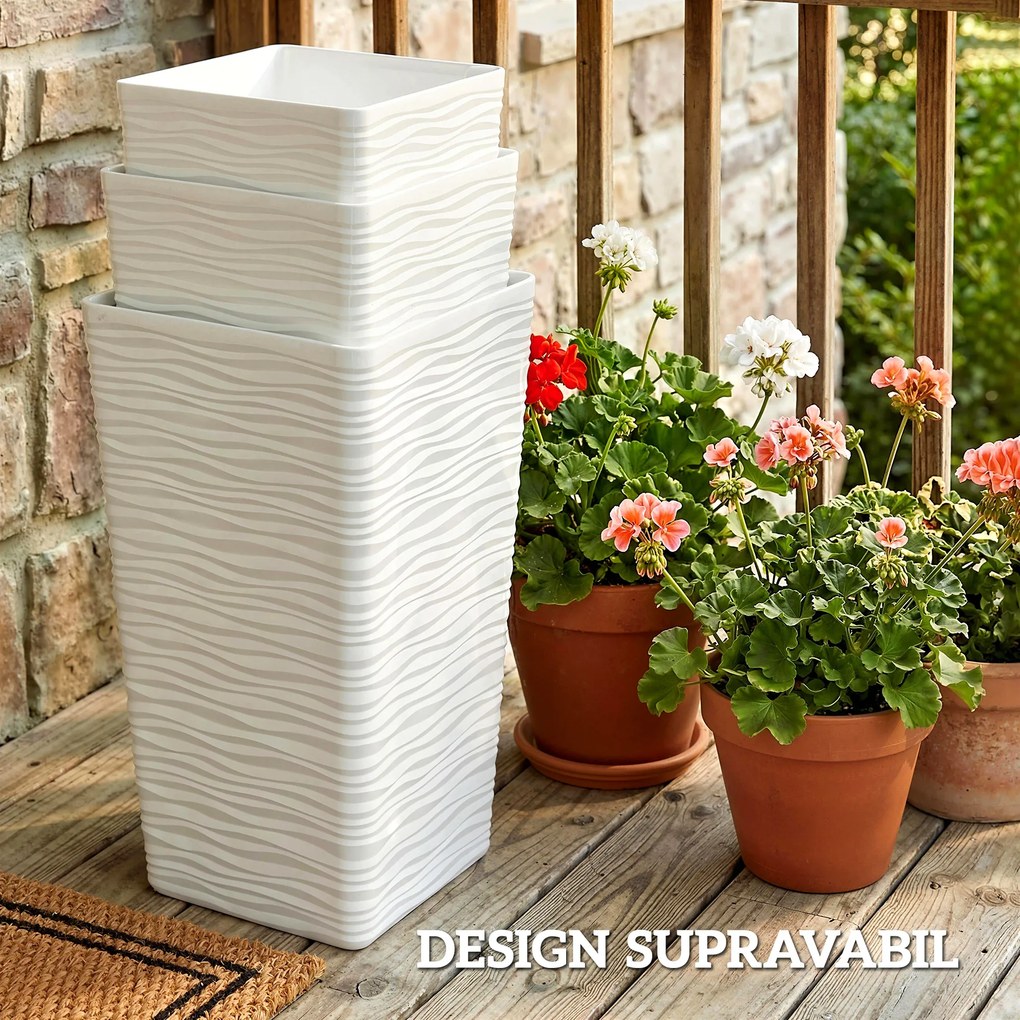 Outsunny Set de 3 Ghivece de Exterior Suprapozabile cu Model Ondulat, Ghivece Pătrate din Plastic pentru Flori cu Orificii de Drenaj, 42/55/65 cm, Alb, Negru, Maro | Aosom Romania