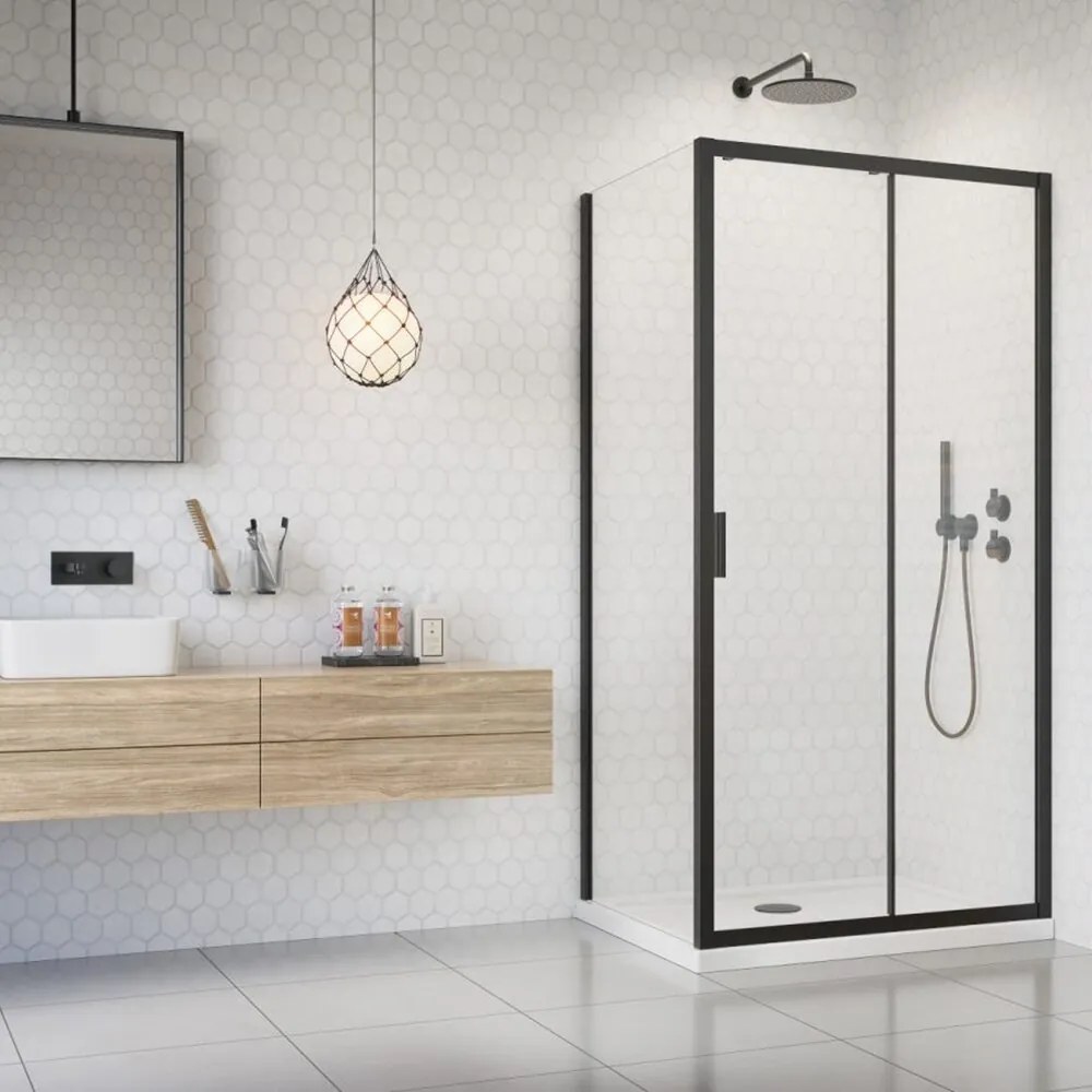 Pachet cabina de dus Alienta Black DWJ+S 100x90 cm, cadita pentru dus Laros D Compact alb si sifon cadita negru