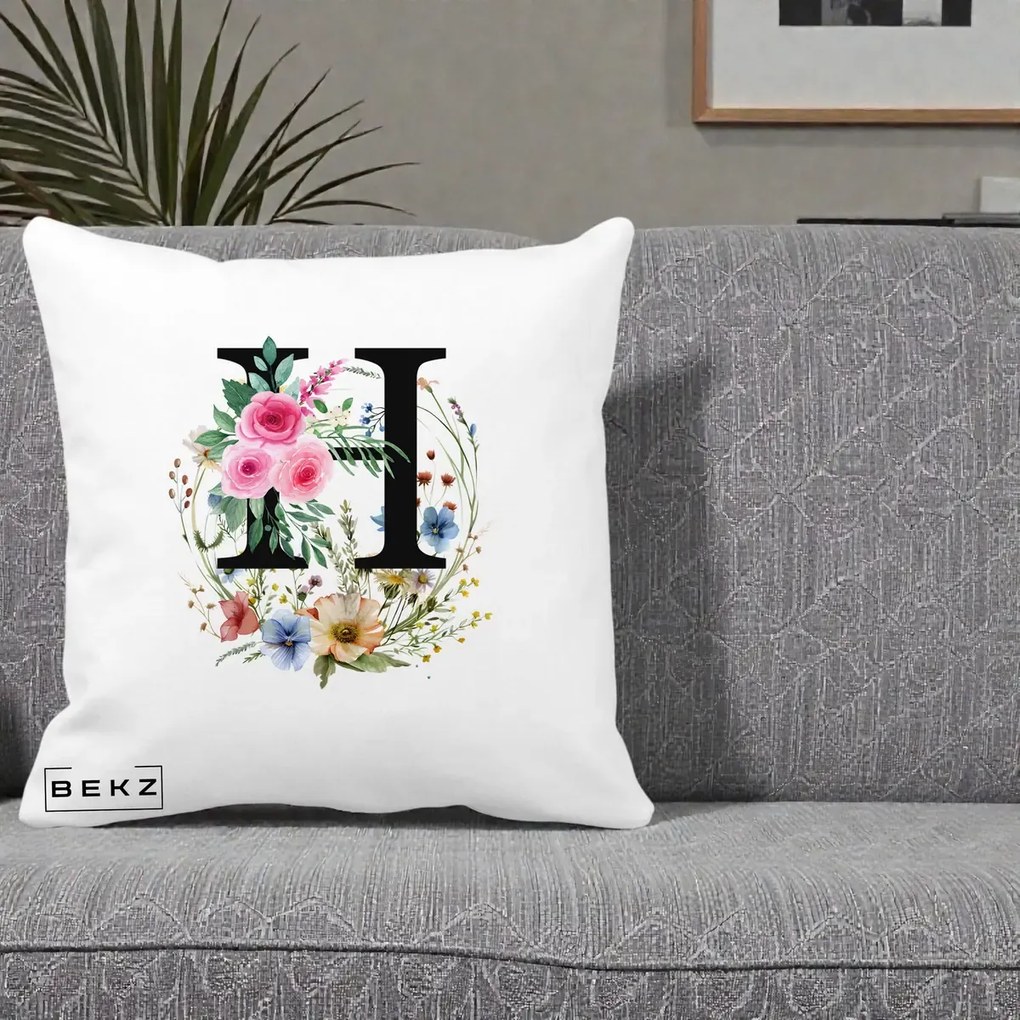 Cadou Personalizat - Perna Personalizata Monogram Litera H cu Flori Acuarela, 40x40 cm, Alba Mata, Husa Detasabila, Perna Inclusa, BEKZ®