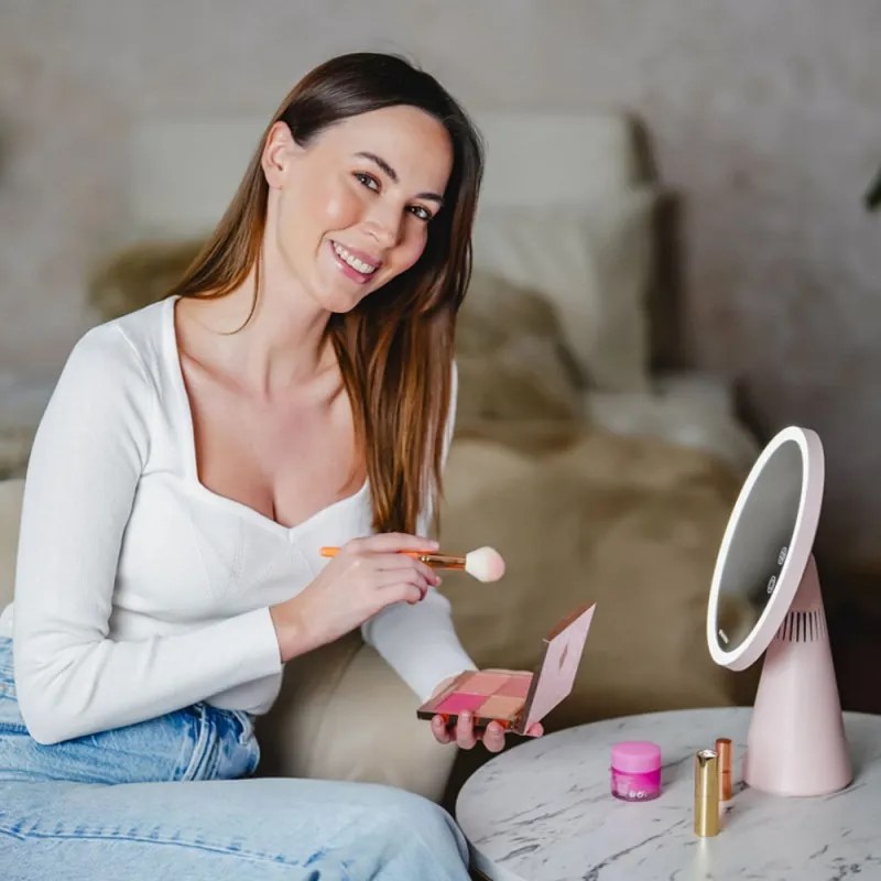 Smart Moon LED oglindă cosmetică iluminată, mărire 10x, lumină caldă / neutră / rece, luminozitate reglabilă, difuzor Bluetooth, roz