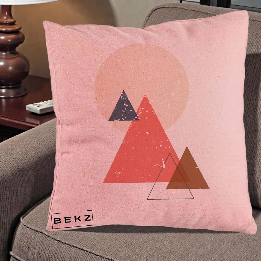 Perna Decorativa Geometric Munti si Soare, 40x40 cm, Roz, Husa Detasabila, Perna Inclusa, BEKZ®