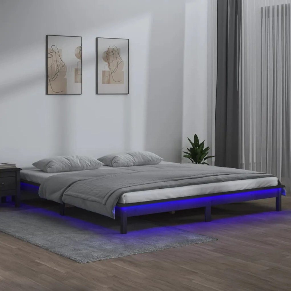 820623 vidaXL Cadru de pat LED Super King Size, gri, 180x200 cm, lemn masiv