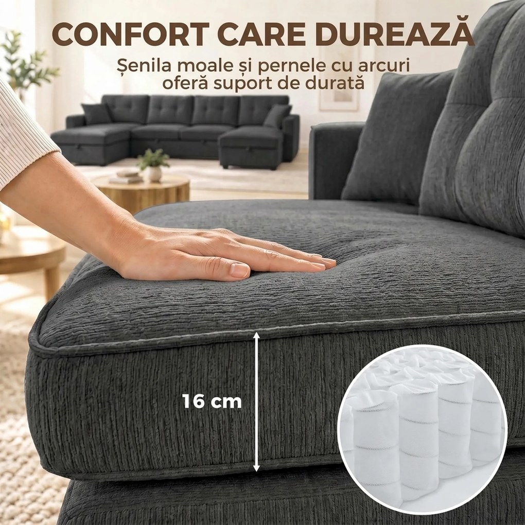 HOMCOM Canapea extensibilă mare în U, cu 2 șezlonguri, depozitare și 2 perne, chenille, gri închis | Aosom Romania