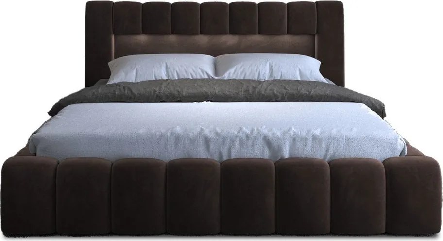 Pat matrimonial maro închis tapițat cu spațiu de depozitare cu somieră 180x200 cm Lamica – ELTAP