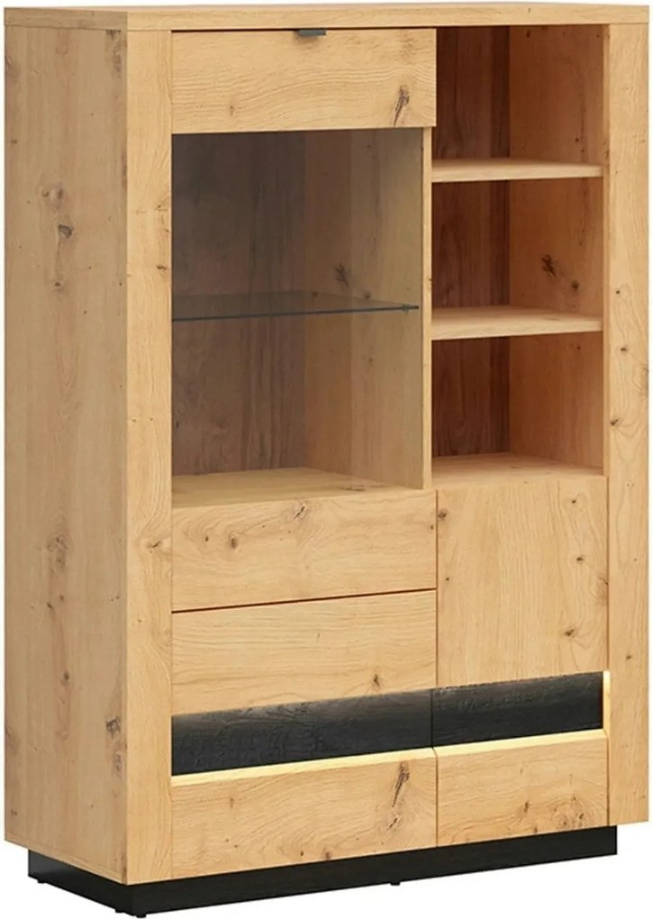 Vitrina OSTIA, stejar artisan/negru, PAL/sticla securizata, 101x42x144