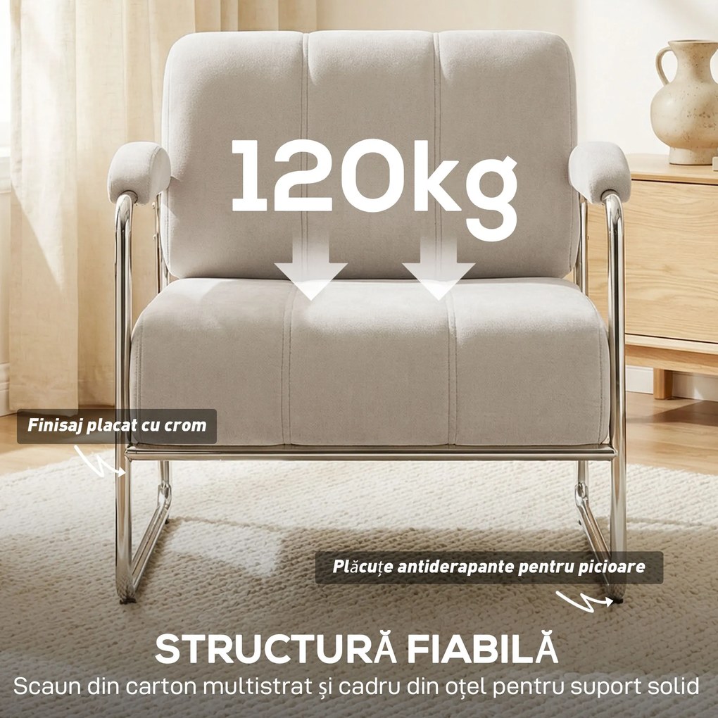 HOMCOM Fotoliu de Living cu Șezut Gros, Spațios, Cusături Duble, Fotoliu pentru Dormitor în Chenille Moale, Ușor de Asamblat, Cadru din Oțel, pentru Living, Birou, Bej | Aosom Romania
