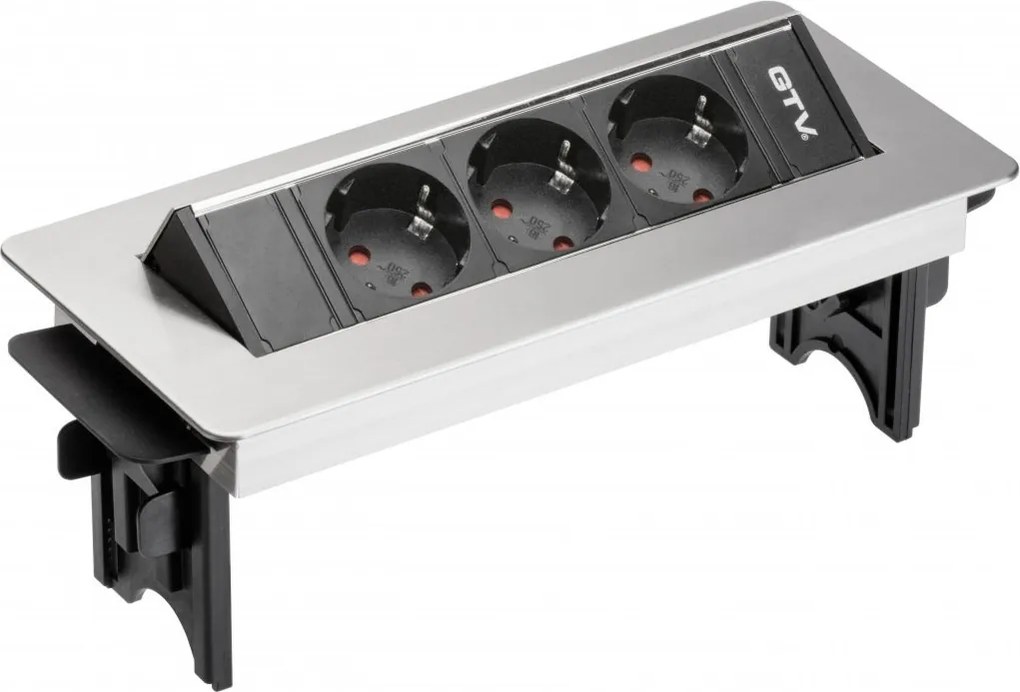 Priză încorporabilă în blat GTV, 3 prize Schuko, oțel inoxidabil, 269 x 112 mm Oțel inoxidabil, Otel inoxidabil, L:269 mm; l:112 mm; H:94 mm