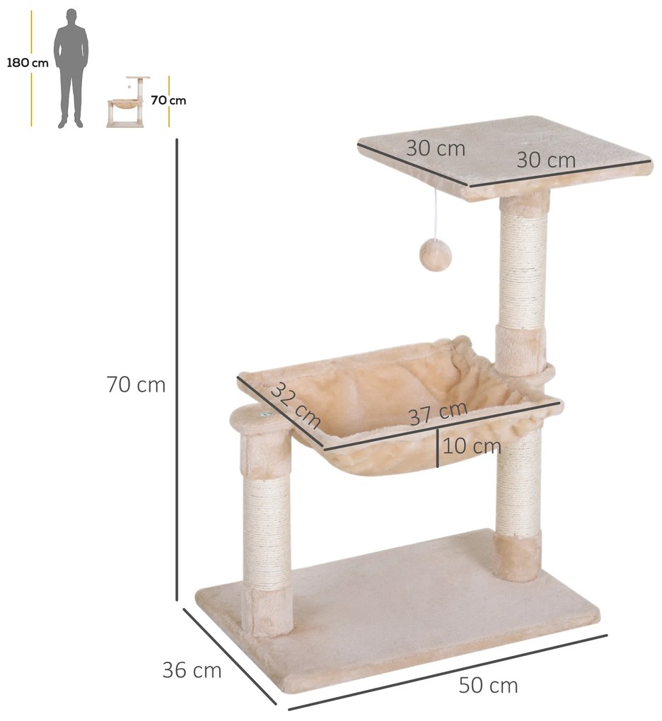 PawHut Turn pentru Pisici max 3.6kg, Copac pentru Zgariat pentru Pisici ca hamac si Minge Agatata din Lemn si Plus, 50x36x70cm, Bej | Aosom Romania