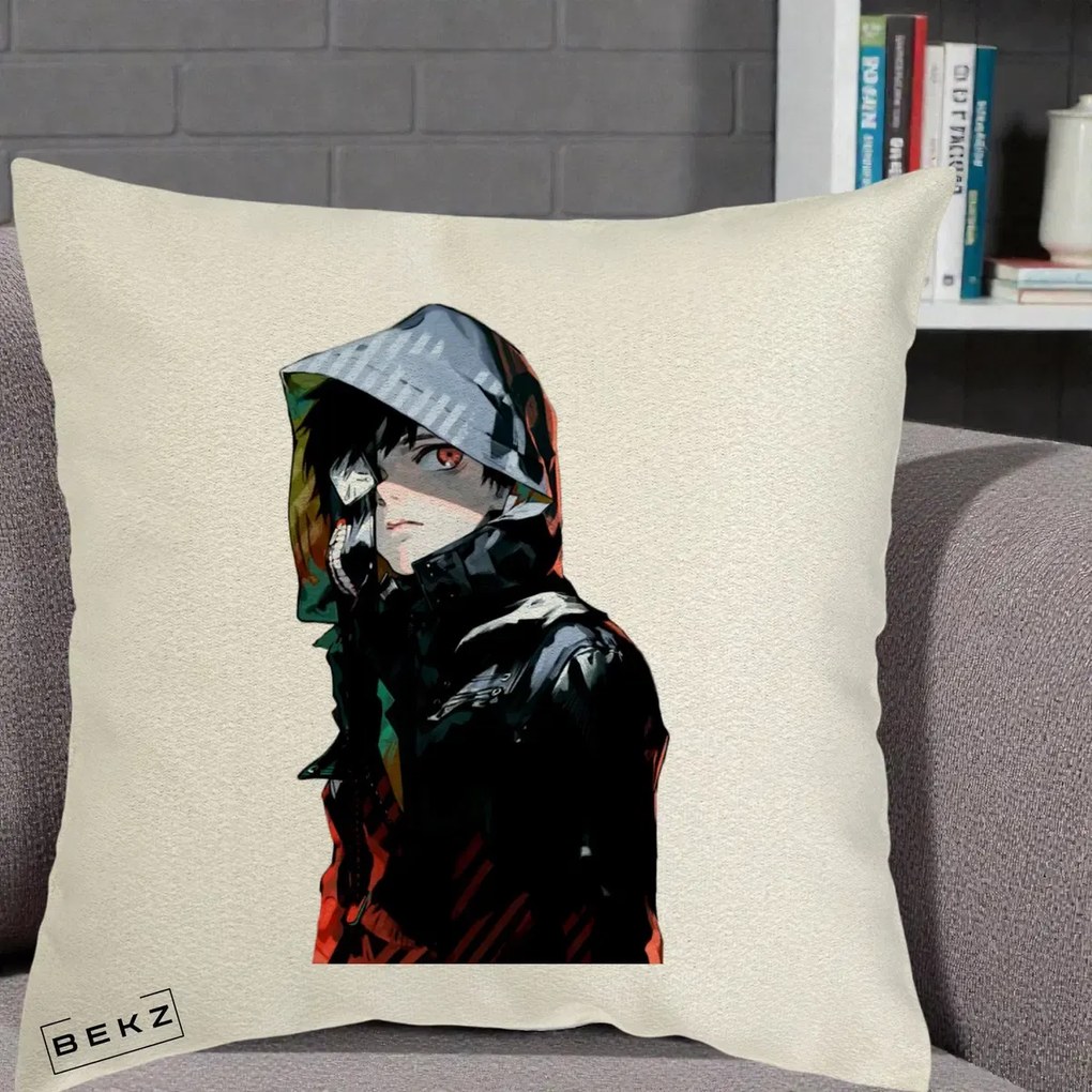 Perna Personalizata Tokyo Ghoul Ken Kaneki cu Masca si Gluga, 40x40 cm, Ecru, Husa Detasabila, Perna Inclusa, BEKZ®