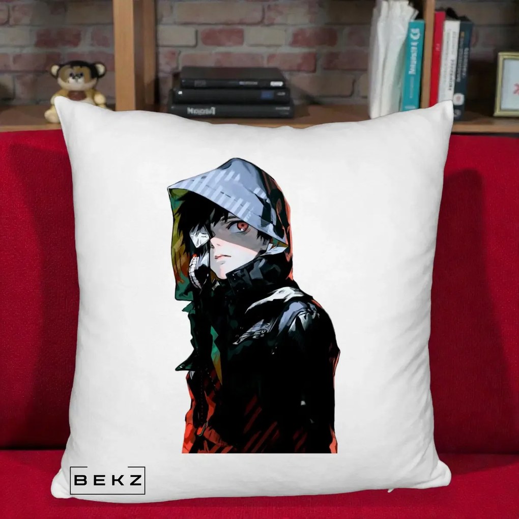 Perna Personalizata Tokyo Ghoul Ken Kaneki cu Masca si Gluga, 40x40 cm, Alb Pufos, Husa Detasabila, Perna Inclusa, BEKZ®