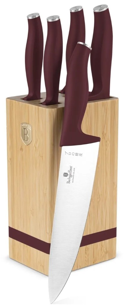 RESIGILAT - Set cutite 6 piese cu stativ Leonardo Berlinger Haus BH 2972, visiniu, suport lemn
