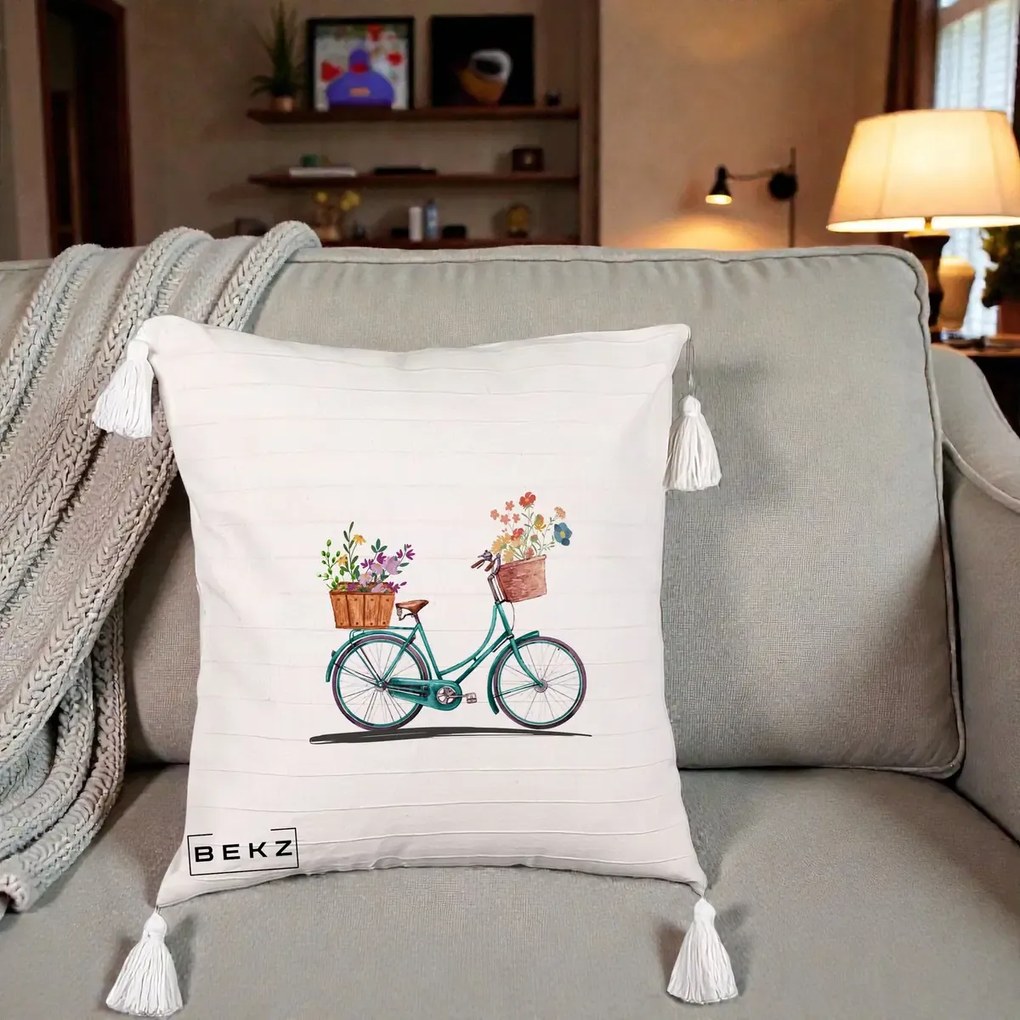 Perna Decorativa Bicicleta Florala Turcoaz Acuarela, 40x40 cm, Bej cu Franjuri, Husa Detasabila, Perna Inclusa, BEKZ®