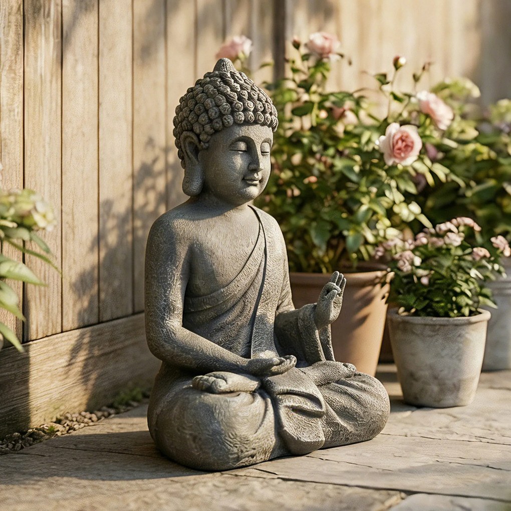 Outsunny Statuie de Grădină, Sculptură Buddha Șezând din Oxid de Magneziu, Decorațiune Spirituală 32 x 23 x 51 cm, Gri Închis | Aosom Romania