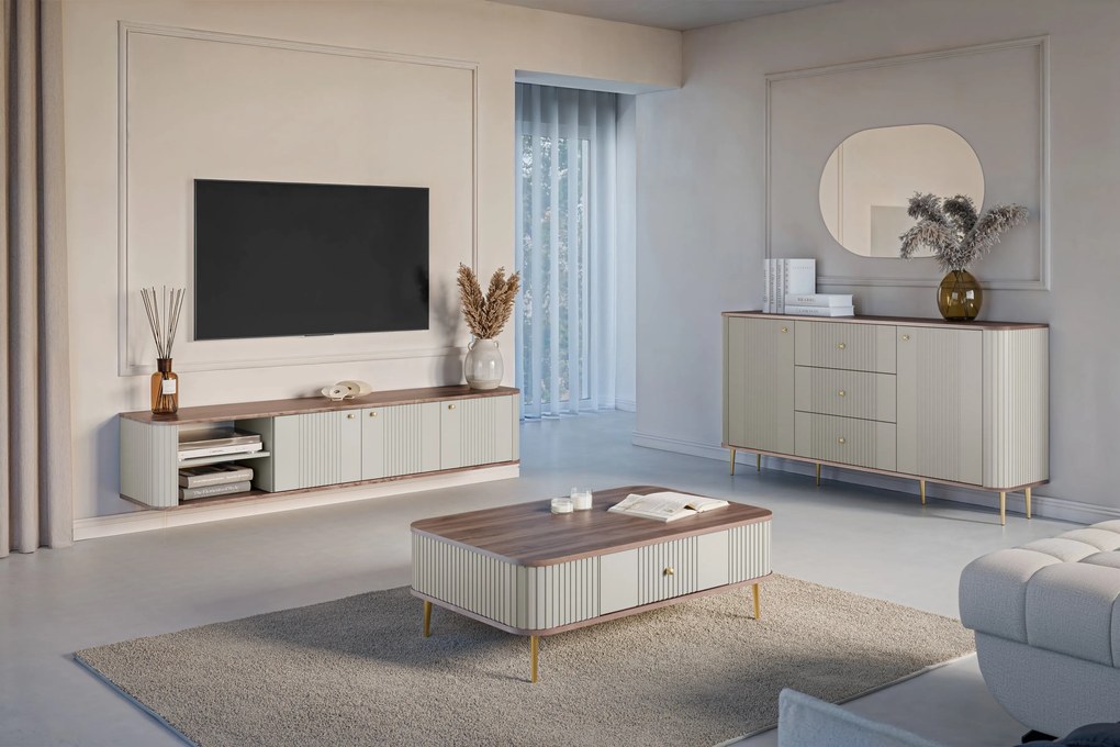 Comodă cu sertare Vesper 160 cm - cașmir / nuc / picioare aurii