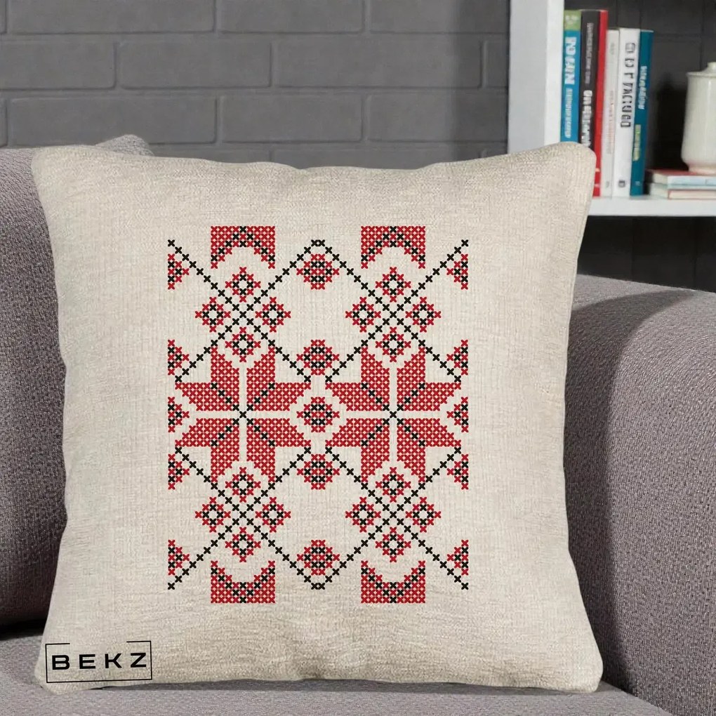 Perna Personalizata Motiv Traditional Cusatura Rosu-Negru, 40x40 cm, Bej Canapea, Husa Detasabila, Perna Inclusa, BEKZ®