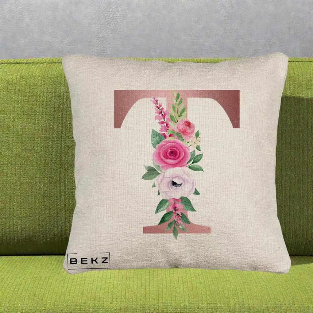 Cadou Personalizat - Perna Personalizata Monograma Rose Gold Litera T, 40x40 cm, Bej Canapea, Husa Detasabila, Perna Inclusa, BEKZ®