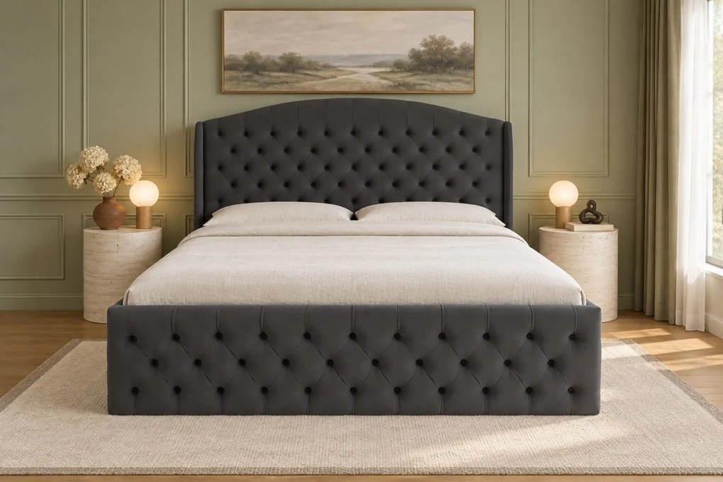 Pat tapițat Lunara Deluxe 200×200 cm, gri închis, cu ladă de depozitare