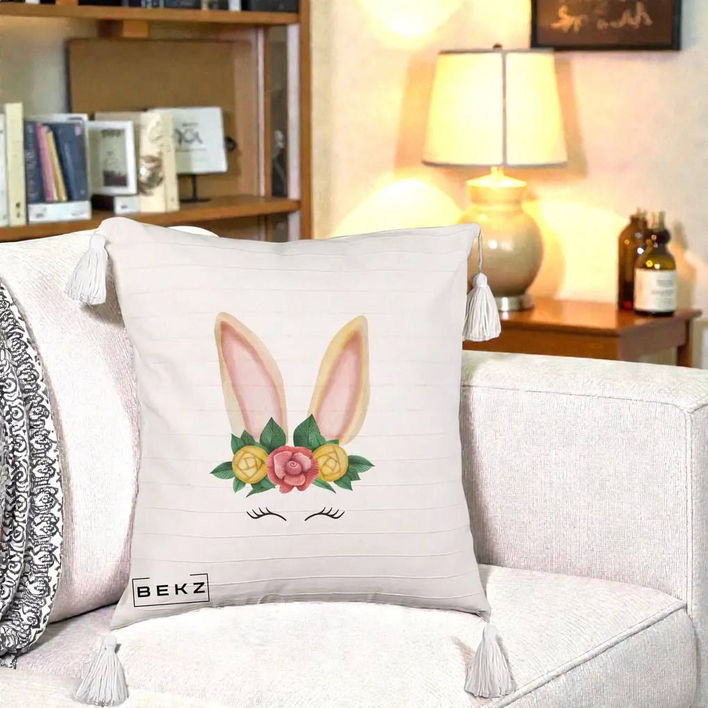 Perna Decorativa Iepuras Flori Urechi Pastelui, 40x40 cm, Bej cu Franjuri, Husa Detasabila, Perna Inclusa, BEKZ®