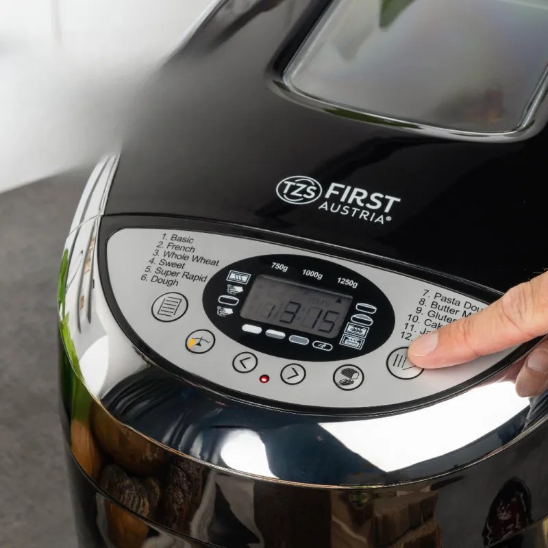 Masina de facut paine FIRST FA-5152-3-BA, 850W, 1.25 kg, 12 programe, Timer, Acoperire antiaderenta, Negru/inox