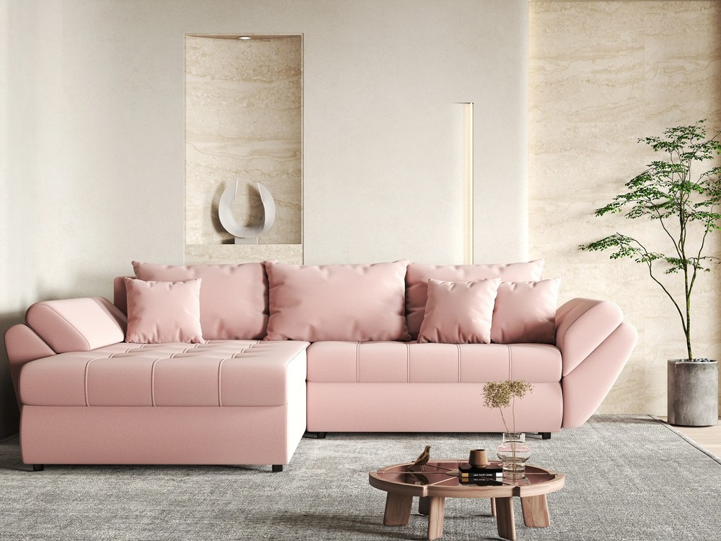 Colțar extensibil dumonde cu ladă de depozitare si sezut confortabil din spuma high-density, Loana Royal Pink 270x185 cm