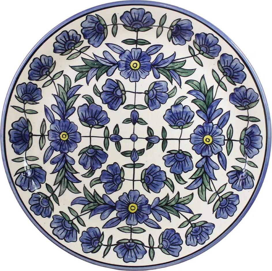 Platou rotund din ceramică pictată manual, Ø 37 x H 4,3 cm, albastru, „Selina"
