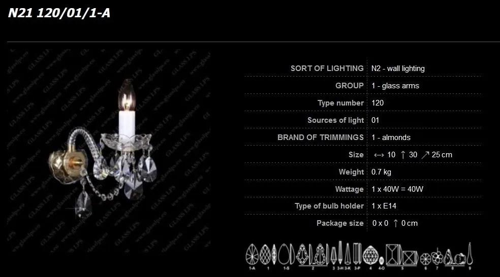 Aplica de perete cu 1 brat, cristal Bohemia N21 120/01/1-A