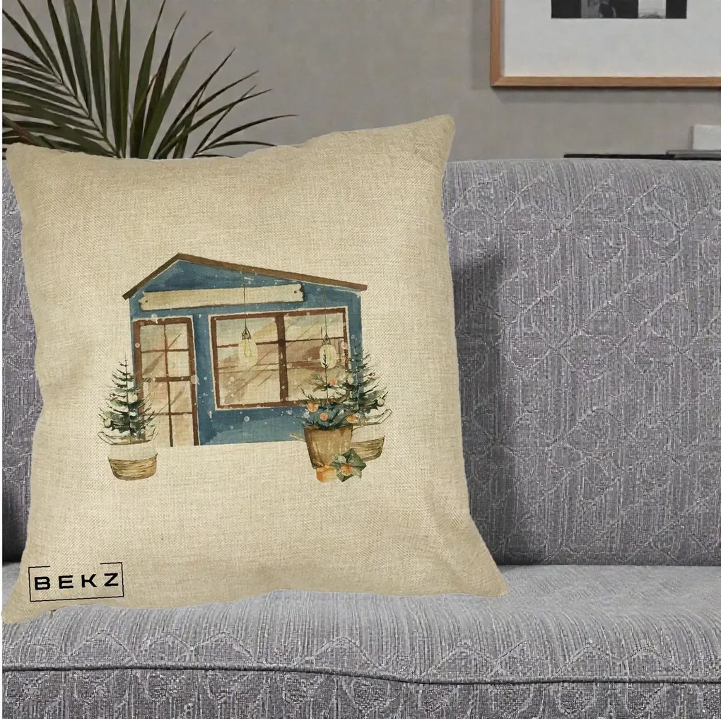 Perna Decorativa Casa de Iarna Watercolor, 40x40 cm, Crem, Husa Detasabila, Perna Inclusa, BEKZ®
