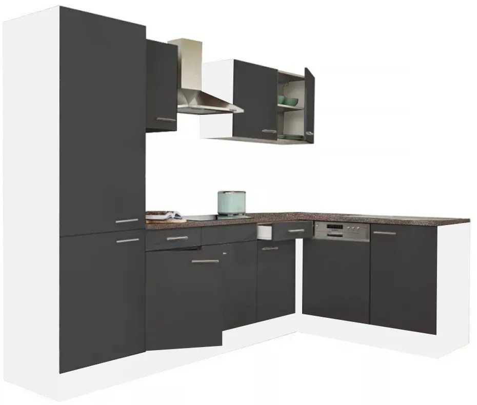 Mobilă de bucătărie de colț Yorki 280, corp alb, față antracit satinat, cu dulap cu raft