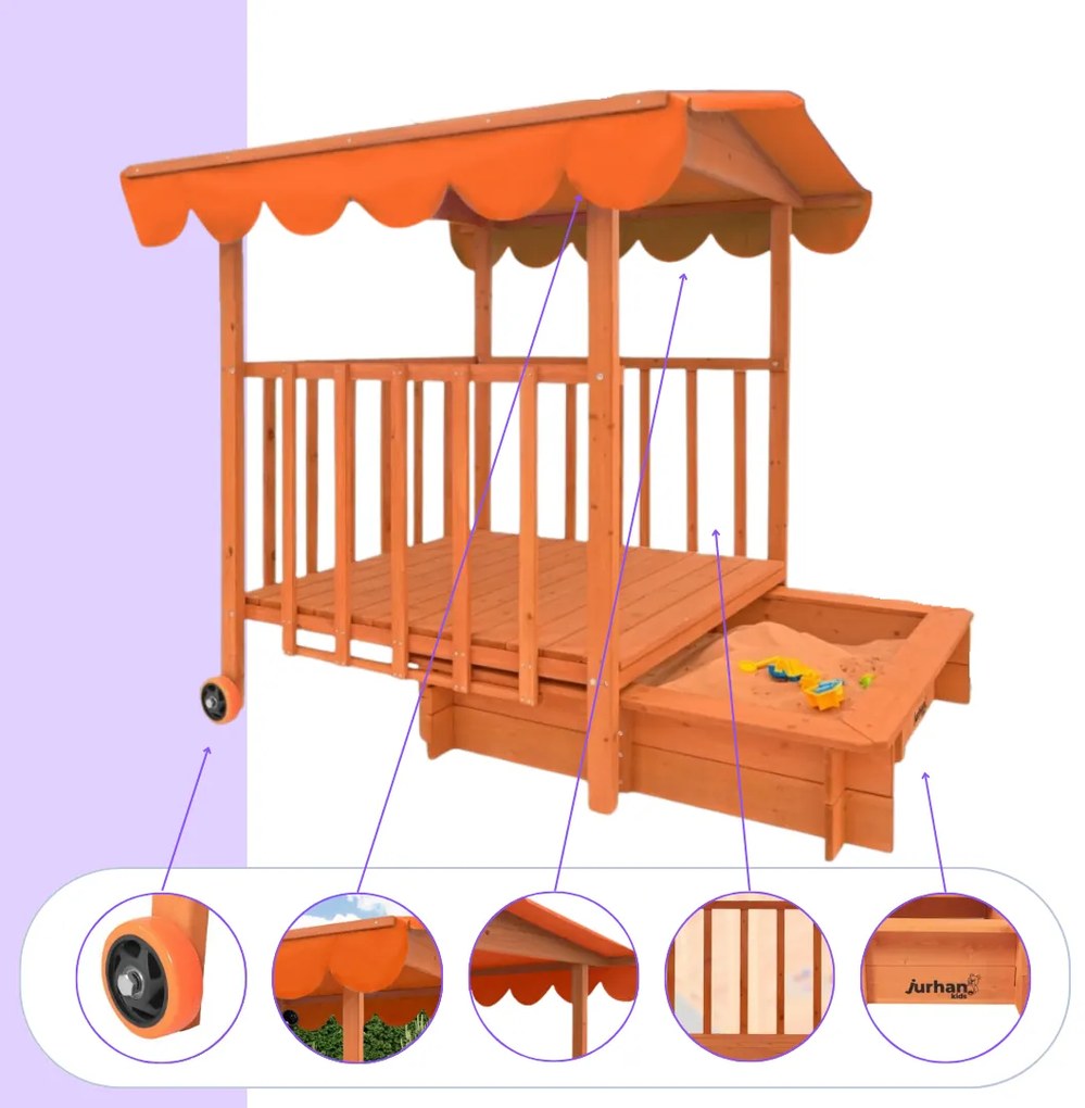 Groapa cu nisip cu verandă HAPPY, 130x130x143cm, maro/portocale Jurhan