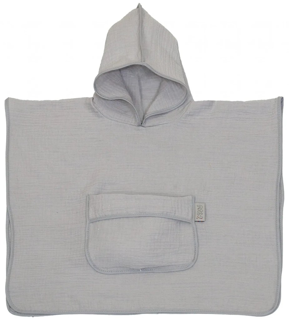 Prosop din bumbac muselina cu gluga si buzunar pentru bebelusi si copii, Poncho, Gri, 60x65 cm