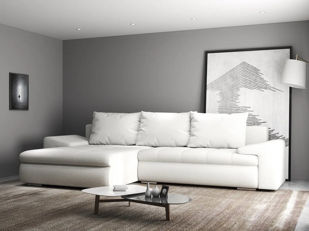 Colțar extensibil dumonde cu ladă de depozitare si sezut confortabil din spuma high-density, Leonardo Euphoria Ivory 260x185 cm