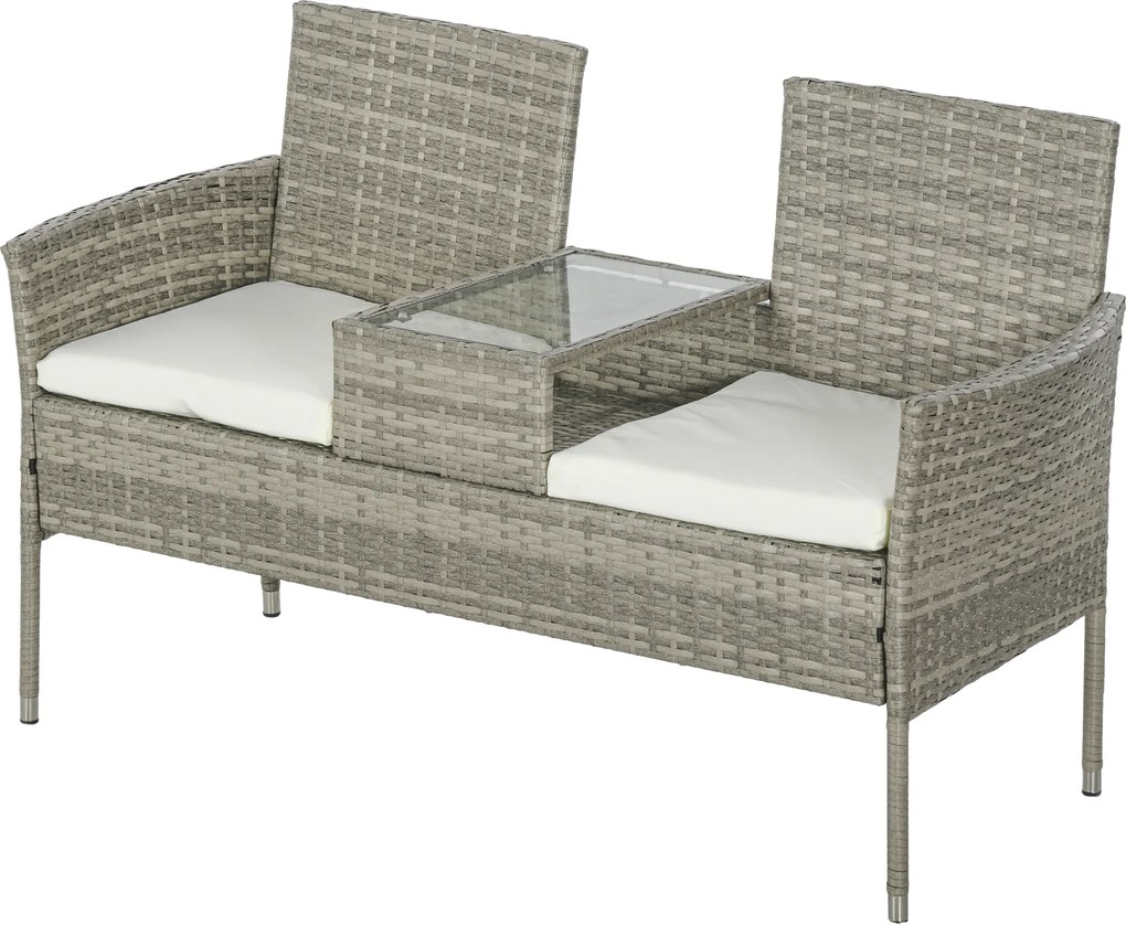 Outsunny Bancă de grădină din rășină împletită 2 locuri cu masă și perne - 135 x 64 x 81 cm - pentru balcon și terasă negru | Aosom Romania